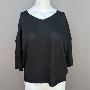 Black V-Neck Knit Sweater Large 3/4 Sleeve Drop Shoulder Boxy Pullover Minimal